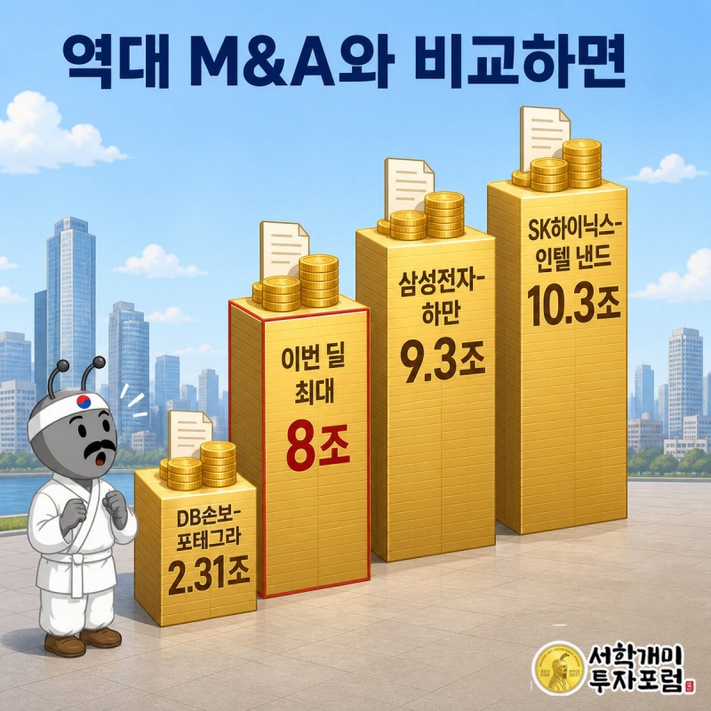 개미가 역대 대형 M&A 규모를 건물 높이 막대그래프로 세워놓고 올려다보는 모습