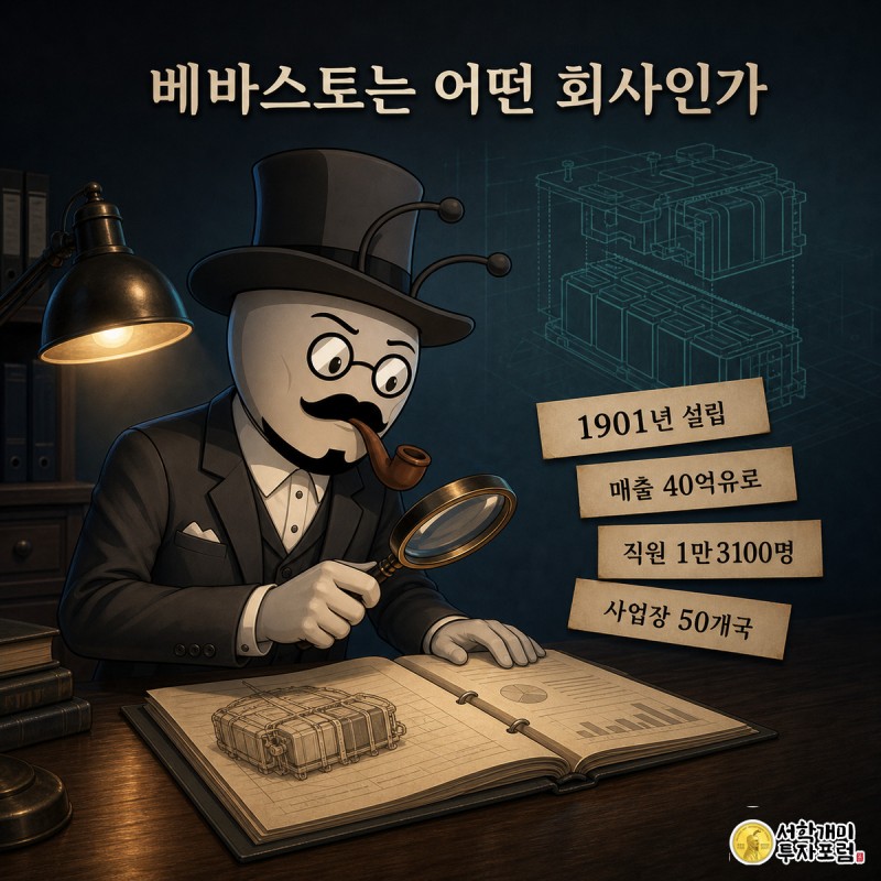 개미 조사관이 돋보기로 베바스토의 회사 정보 서류를 살피며 설립연도와 매출, 직원 수 라벨을 확인하는 모습