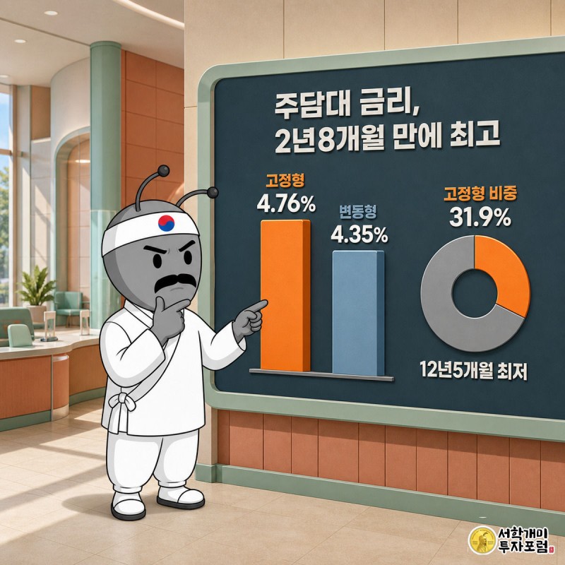 개미가 은행 전광판 앞에서 고정형 4.76%와 변동형 4.35% 금리 막대, 12년5개월 만에 최저로 줄어든 고정형 비중 31.9% 도넛 그래프를 살펴보는 그림
