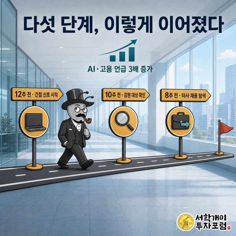 12주 전부터 발표까지 이어지는 다섯 단계 표지판 길을 개미가 걸어가는 모습