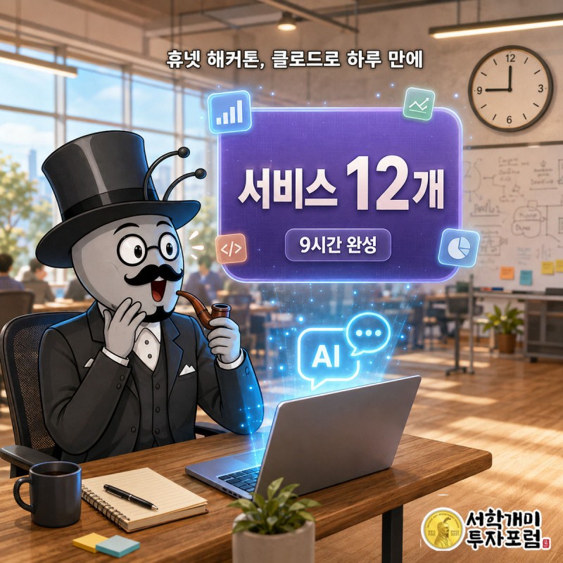 밝은 사무실 배경에서 서민개미가 노트북 앞에 앉아 놀란 표정으로 하늘색 AI 채팅창을 보고 있고, 그 위로 퍼플색 '서비스 12개' 디지털 배지가 떠 있다.