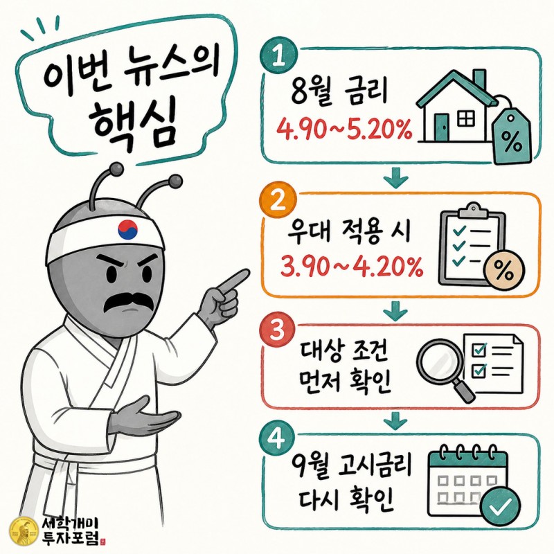 동학개미 기자가 보금자리론 금리, 우대 조건, 9월 확인 일정을 세 단계로 설명하는 스케치노트