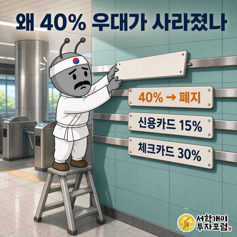 지하철 역사에서 '대중교통 40% 공제' 표지판이 내려가고 새 표지판으로 바뀌는 것을 서민개미가 당황한 표정으로 올려다보는 모습