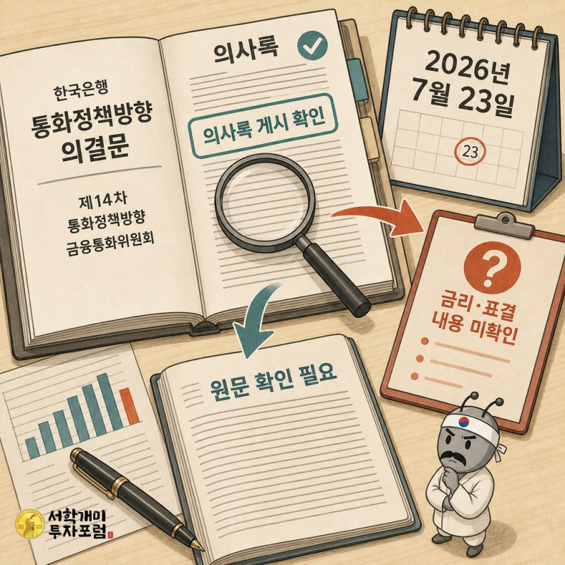 한국은행 제14차 금융통화위원회 의사록의 공개 사실과 미확인된 금리·표결 내용을 연결해 원문 확인 필요성을 보여주는 설명 이미지