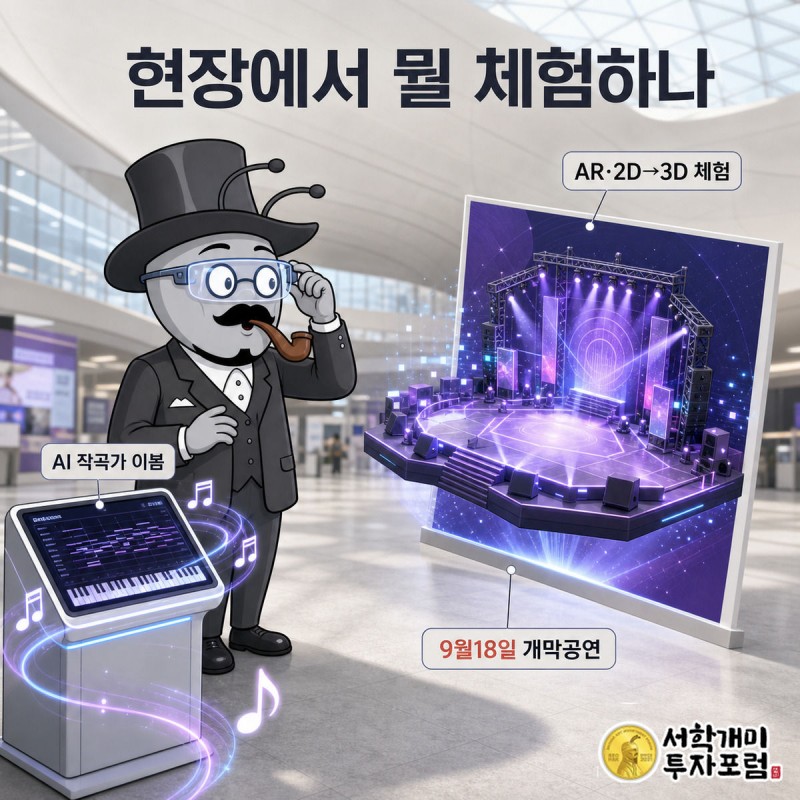 서민개미가 AR 글라스로 평면 포스터가 입체 K팝 무대로 떠오르는 것을 보며 감탄하고, 옆에는 AI 작곡가 콘솔 '이봄'이 음표를 쏟아내는 삽화.