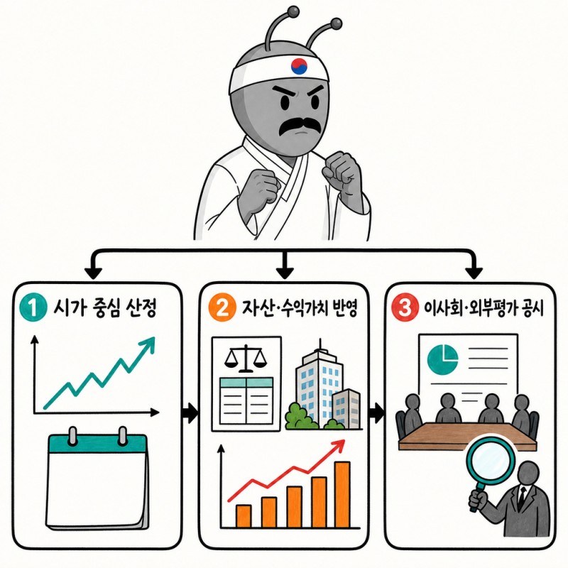 합병가액 산정의 시가 중심 기준과 자산·수익가치 반영 및 이사회·외부평가 공시 절차를 정리한 설명 이미지