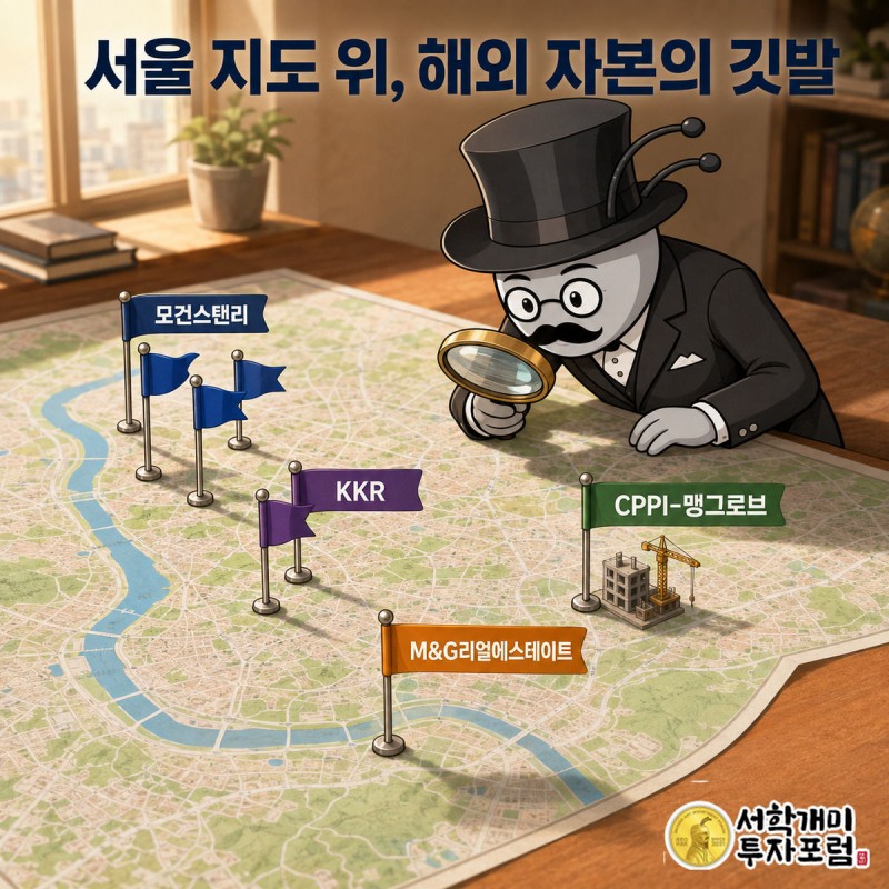 서울 지도 위에 모건스탠리·KKR·CPPI·M&G리얼에스테이트 깃발이 꽂혀 있고 부자개미가 돋보기로 살펴보는 그림