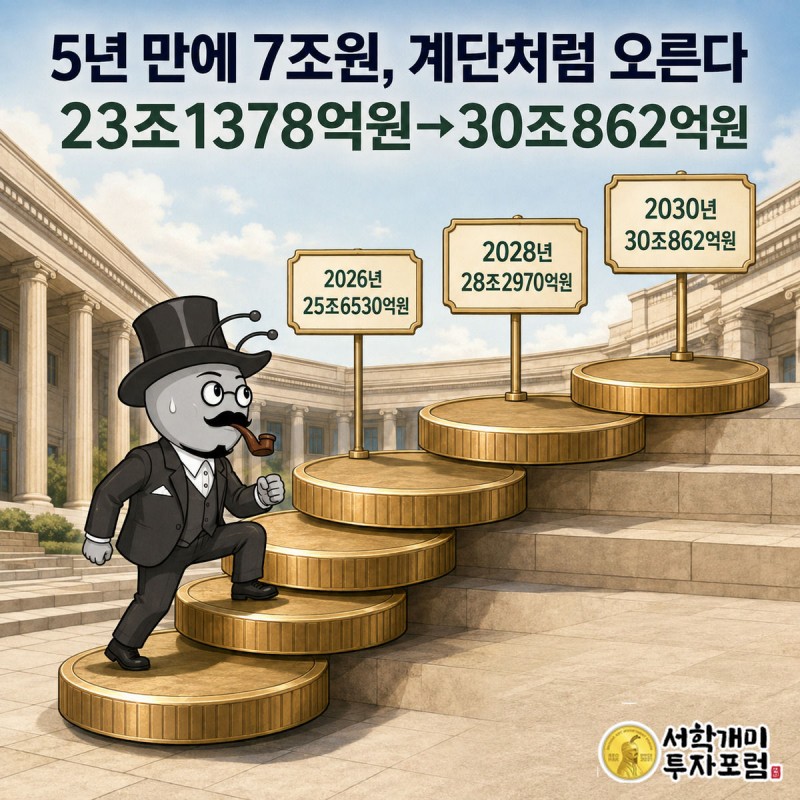 개미 캐릭터가 해마다 높아지는 동전 계단을 오르며 2030년 정상에서 30조862억원 팻말을 밟는 모습