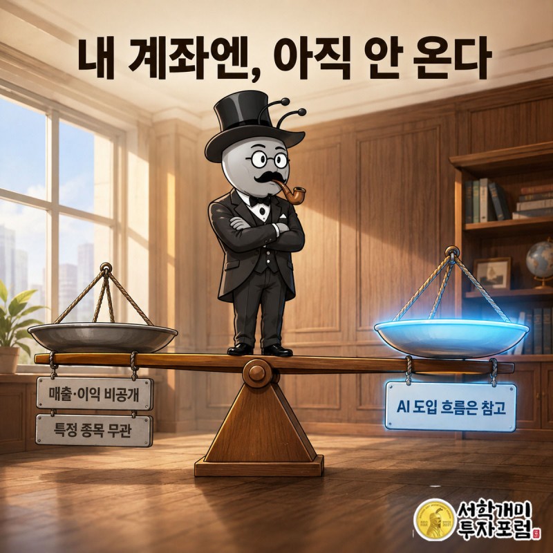 서민개미가 팔짱을 끼고 텅 빈 왼쪽 접시와 빛나는 오른쪽 접시가 있는 저울을 의심스러운 표정으로 바라보는 장면.