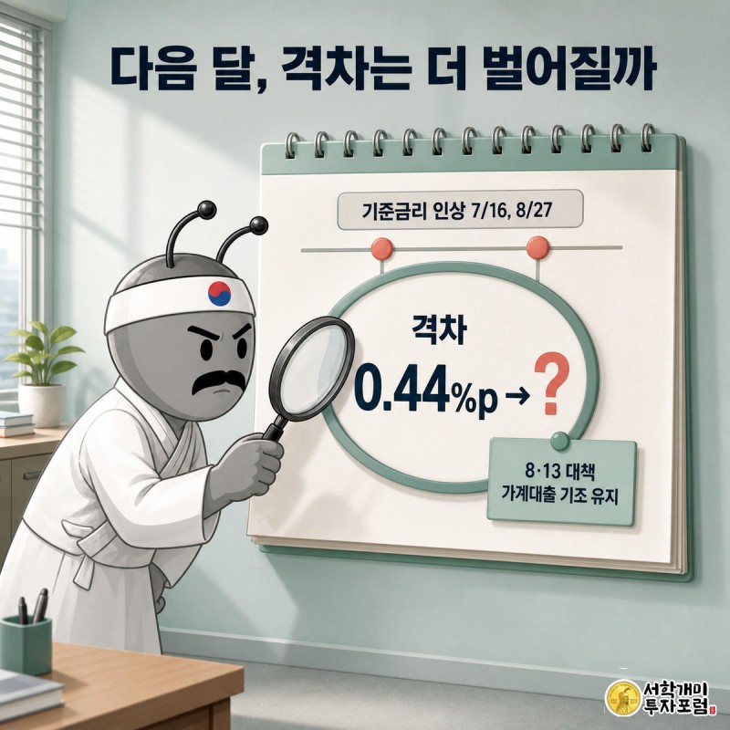 달력의 기준금리 인상 날짜와 물음표가 붙은 격차 수치 카드를 돋보기로 들여다보는 개미 장면