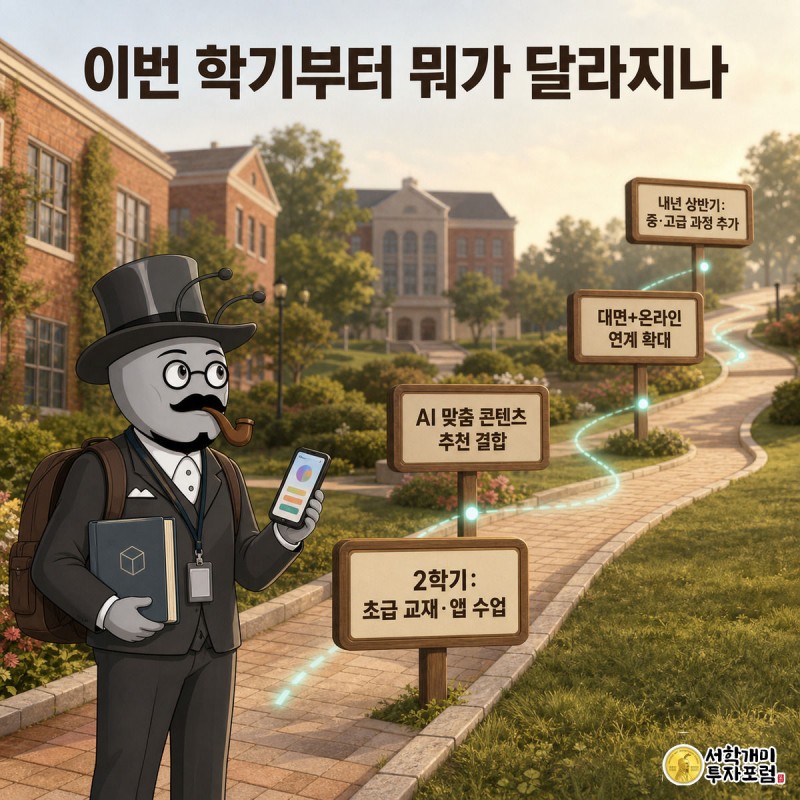 개미 유학생 캐릭터가 캠퍼스 산책로에서 '2학기 초급' 이정표 옆에 서서 저 멀리 '내년 상반기 중·고급' 이정표를 바라보는 로드맵 장면
