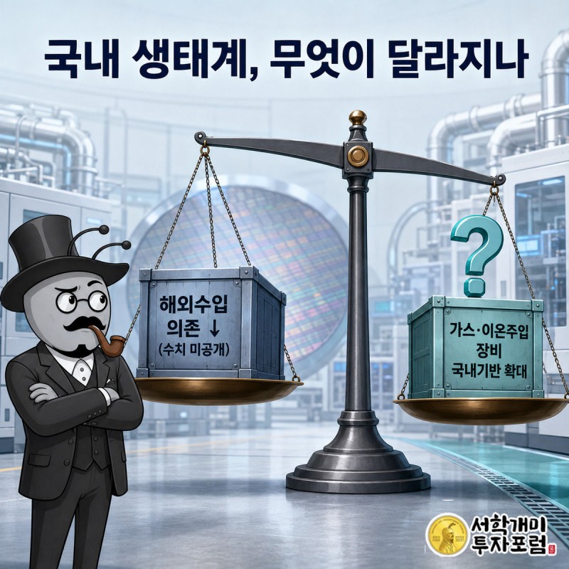 저울 한쪽엔 해외수입 상자, 다른 쪽엔 물음표가 붙은 국내조달 상자가 놓여 있고 개미가 의심스러운 표정으로 지켜보는 그림