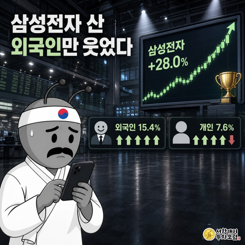 낙담한 개인 투자자 개미와 흐뭇하게 웃는 외국인 투자자가 대비되는 거래소 장면, 외국인 15.4%와 개인 7.6% 수익률 데이터 위젯이 표시되어 있다