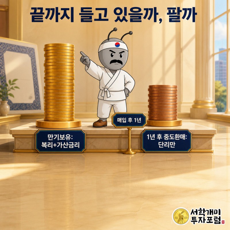복리로 높이 쌓인 동전탑 앞에서 뿌듯해하는 개미와 단리로 낮게 쌓인 동전탑 앞에서 아쉬워하는 개미를 나란히 비교한 그림