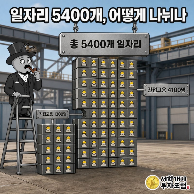 노동자 아이콘 블록이 쌓여 총 5400개 일자리 숫자를 완성하는 모습을 개미 캐릭터가 올려다보는 그림