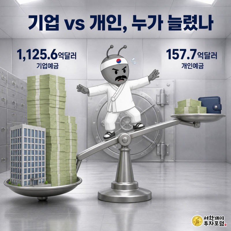 저울 위에 선 개미가 왼쪽의 높은 기업 달러다발과 오른쪽의 낮은 개인 달러다발 사이에서 기울어진 균형을 당황한 표정으로 바라보는 그림