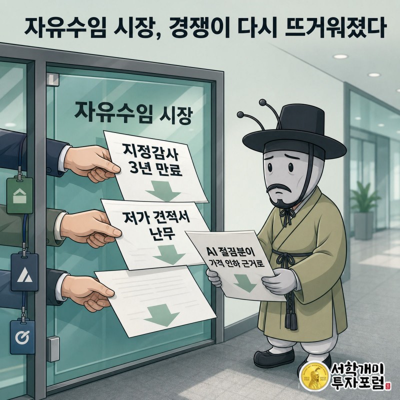 자유수임 시장 문 앞에서 여러 회계법인이 앞다퉈 낮은 견적서를 내밀고 부자개미가 그중 하나를 받아들고 당혹스러워하는 장면