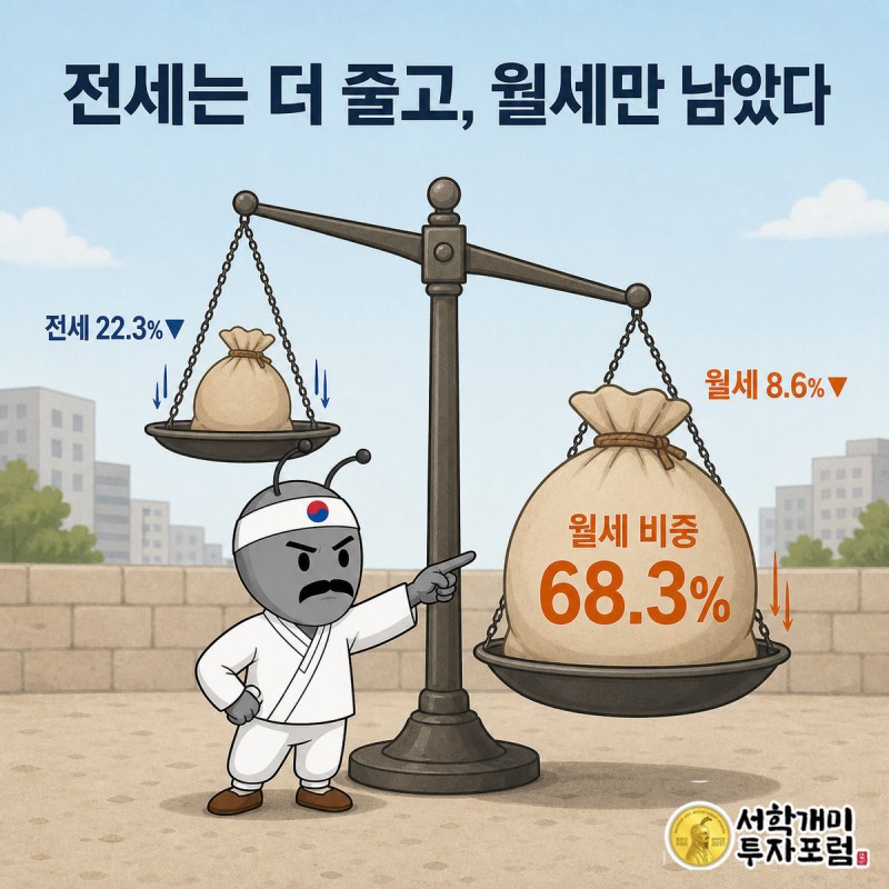 전세와 월세 거래량이 함께 줄었지만 월세 비중은 늘어난 것을 저울 구도로 비교한 인포그래픽