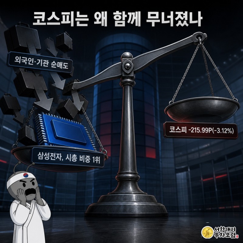 삼성전자 추에 눌려 기울어진 코스피 저울을 개미가 놀란 표정으로 올려다보는 장면