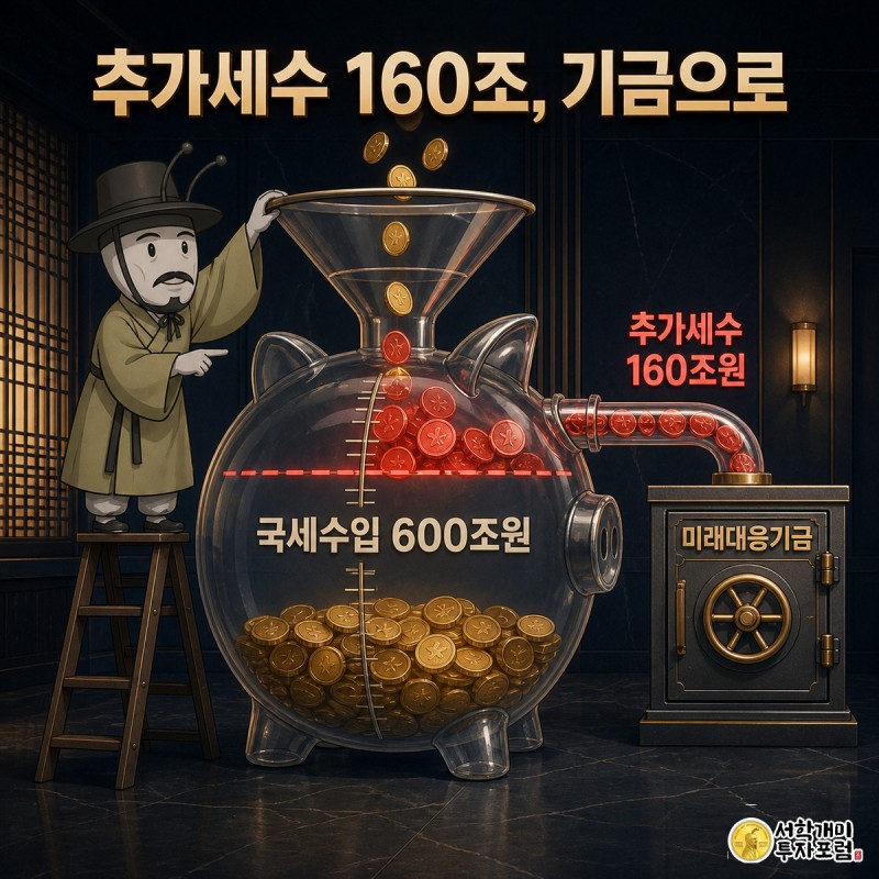 개미가 국세수입 저금통에 금화를 부어 추세선을 넘는 추가세수 160조원이 미래대응기금 금고로 흘러가는 장면