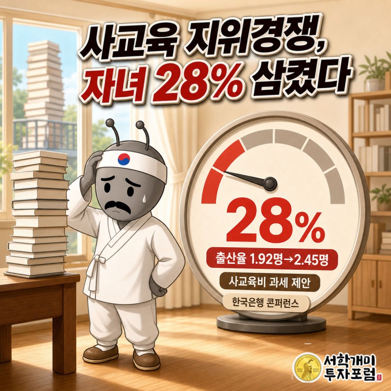 서민개미가 이웃집과 경쟁하듯 쌓인 책더미 앞에서 낭패한 표정을 짓고, 화면 중앙에 '28%' 출산율 수치 위젯이 떠 있다.