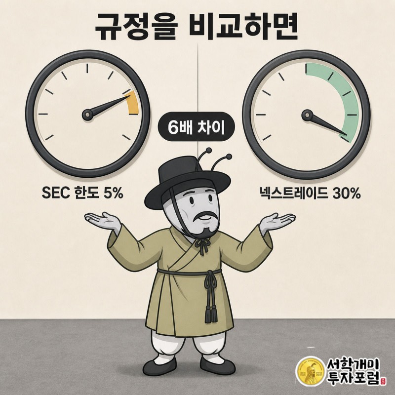 왼쪽 SEC 5% 게이지는 바늘이 위험구역을 넘고 오른쪽 넥스트레이드 30% 게이지는 여유로운 것을 부자개미가 번갈아 보는 그림