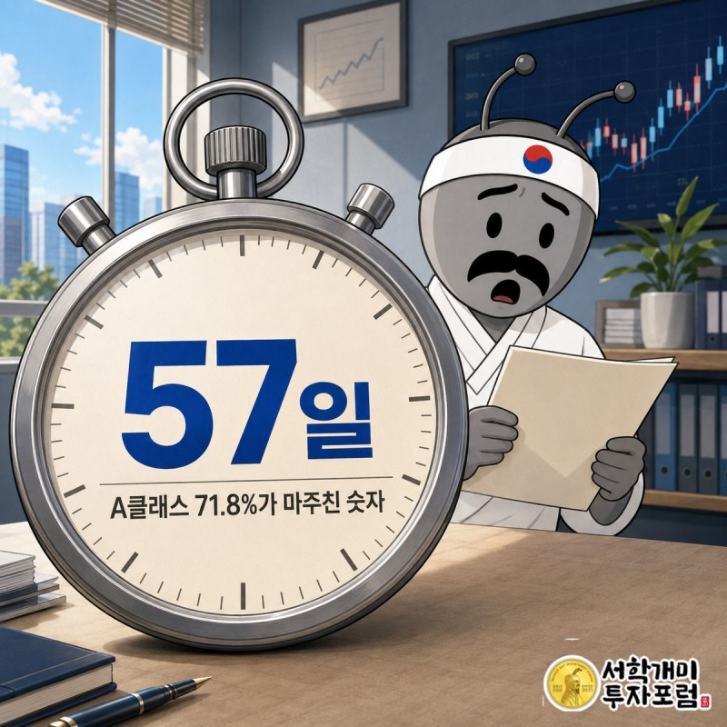 스톱워치 게이지 앞에서 서민개미가 놀란 표정으로 57일이라는 숫자를 바라보는 모습