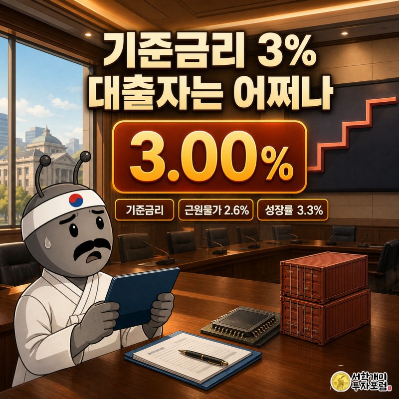 한국은행 회의실에서 은행원 개미가 두 달 연속 3%로 오른 기준금리 그래프를 식은땀을 흘리며 올려다보는 모습