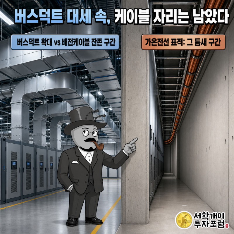 부자개미가 버스덕트와 저마찰 케이블 구간을 비교하며 손가락으로 가리키는 모습