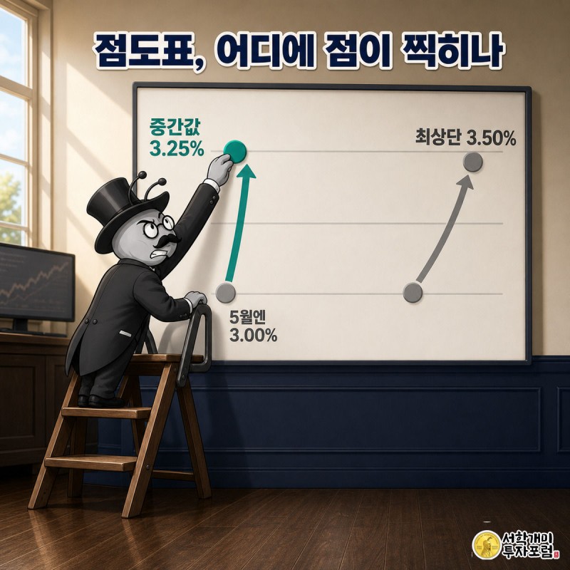 개미가 사다리를 타고 점도표 눈금판의 점을 3.00%에서 3.25%로 옮겨 붙이는 그림
