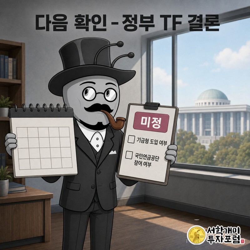 서민개미가 체크리스트와 달력을 들고 정부 TF의 기금형 도입 결론을 기다리는 모습