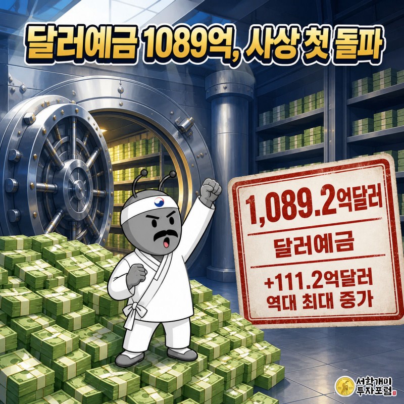 은행 금고 안에서 개미가 쌓아올린 달러 지폐더미 위에 서서 사상 첫 1천억달러 돌파를 놀란 표정으로 자랑스러워하는 그림