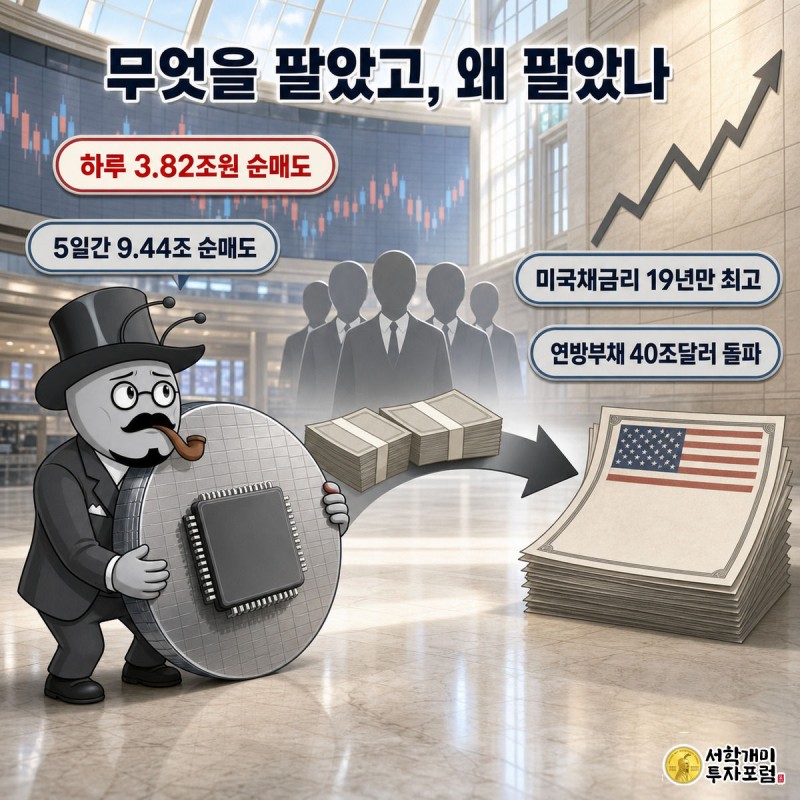 외국인 투자자들이 반도체 웨이퍼에서 돈을 뽑아 미국 국채 쪽으로 옮기고 개미가 웨이퍼를 지키려는 모습