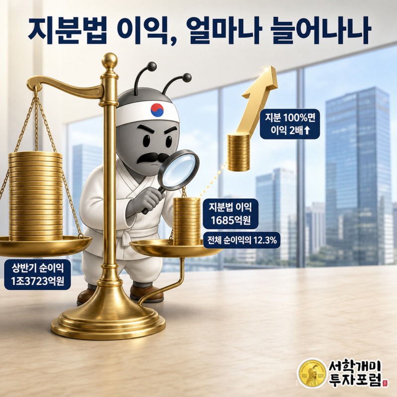 부자개미가 저울 위 지분법 이익 동전 더미를 돋보기로 살피며 지분 100%면 이익이 두 배로 늘어나는 것을 확인하는 장면