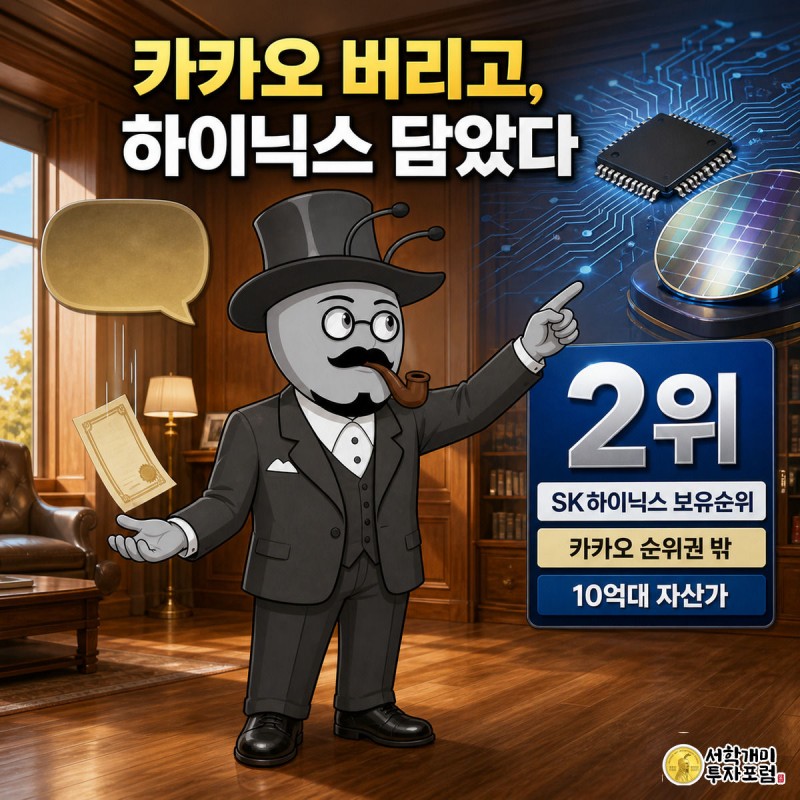 왼쪽에서 카카오 증서를 떨어뜨리며 낙담하는 개미와 오른쪽에서 빛나는 SK하이닉스 반도체 칩을 향해 다가서는 개미를 대비시킨 커버 이미지