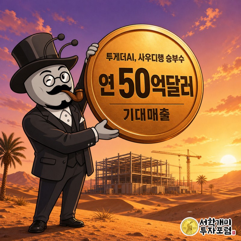 정장을 입은 부자개미가 사우디 사막의 노을을 배경으로 '연 50억달러'라고 적힌 대형 금빛 배지를 양손으로 들어 올리며 흡족한 미소를 짓고 있다.