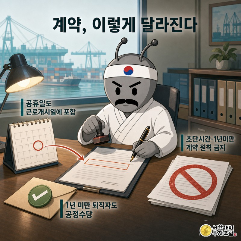 책상 위에서 개미 인사담당자가 계약서에 도장을 찍고, 달력의 공휴일이 근로개시일로 이어지며 초단시간 계약 서류엔 금지 도장이 찍힌 정보 일러스트