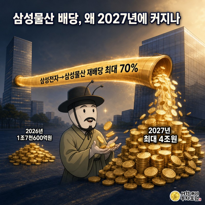 삼성전자 사옥에서 삼성물산 사옥으로 이어지는 금빛 배당 파이프라인이 2026년보다 2027년에 훨씬 굵어져 쏟아지고 개미가 놀란 표정으로 두 손으로 받아내는 그림