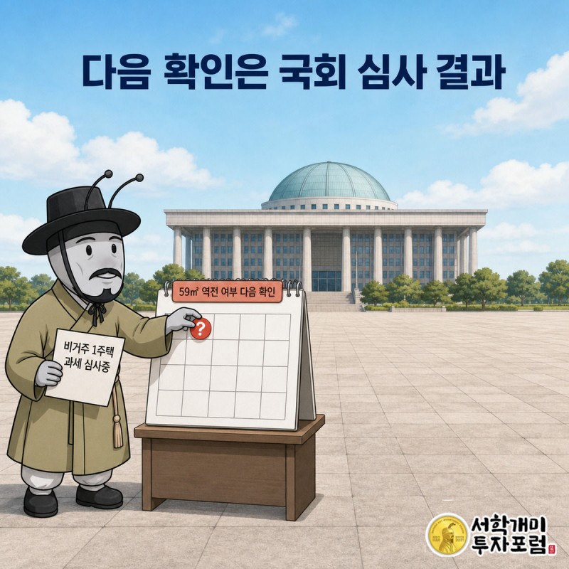 개미가 국회의사당을 배경으로 달력의 빈 날짜에 물음표 스티커를 붙이며 다음 확인 사항을 예고하는 모습