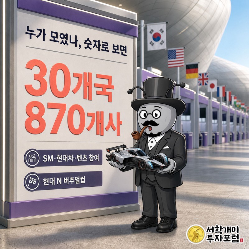 부자개미가 '30개국·870개사' 숫자가 빛나는 상담부스 안내판 앞에서 현대차 심레이싱 미니카를 들고 놀라는 삽화.