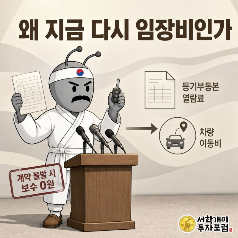 부자개미 차림의 협회장이 단상에서 등기부등본과 차 열쇠를 들어 보이며 임장비 필요성을 설명하는 삽화