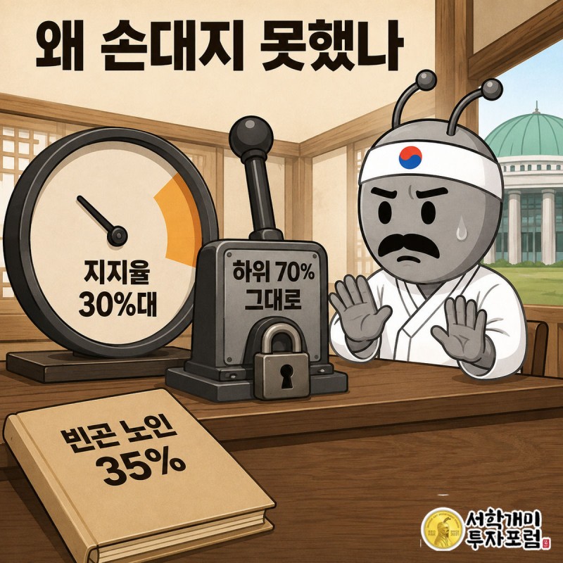 양반개미가 '하위 70%' 레버에서 손을 떼며 근심하는 표정을 짓고, 옆 계기판 바늘이 지지율 30%대로 떨어진 모습을 그린 그림.