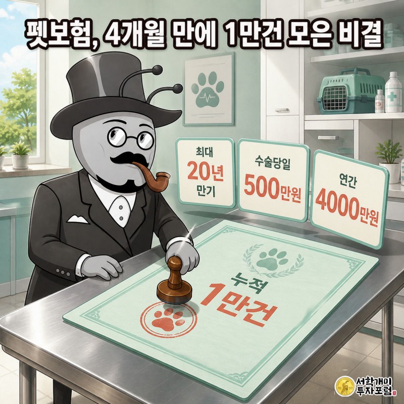 개미 수의사가 강아지 발바닥 도장이 찍힌 펫보험 증서에 도장을 찍고 보장 카드들이 떠 있는 이미지