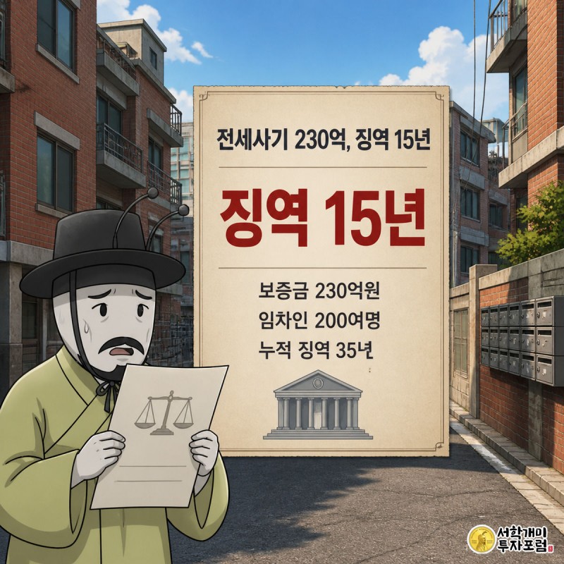 벽돌색 다가구주택 거리 앞에서 개미가 판결문을 들고 낭패한 표정을 짓고 있고, 화면 중앙에 '징역 15년' 수치 배지가 떠 있다.