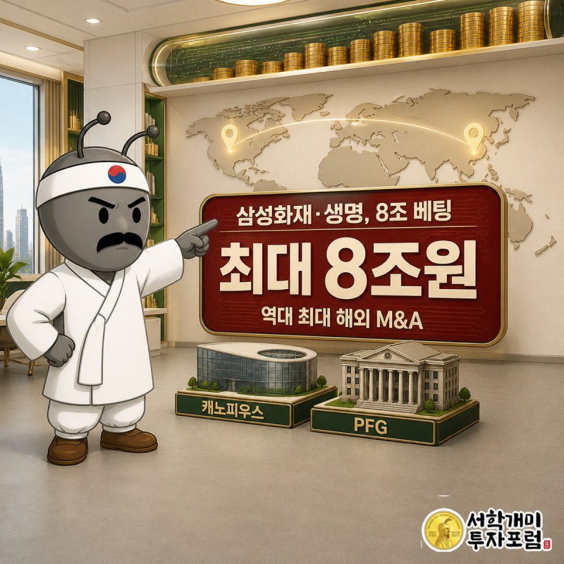 부자개미 캐릭터가 세계지도 앞에서 런던과 미국을 가리키며 8조원 해외 인수를 자신만만하게 소개하는 모습