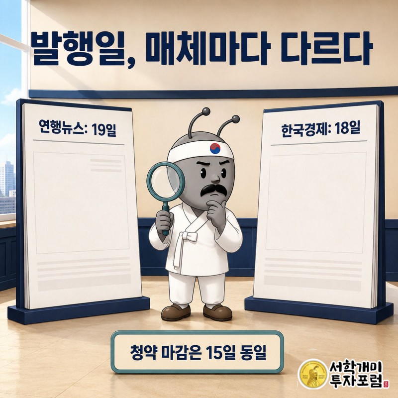 확대경으로 두 신문의 서로 다른 발행일 숫자를 비교하며 의심스러운 표정을 짓는 개미