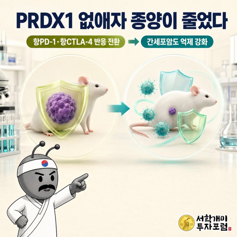 PRDX1이 있을 때 커진 종양과 없앴을 때 T세포에 둘러싸여 줄어든 종양을 좌우로 비교하는 삽화