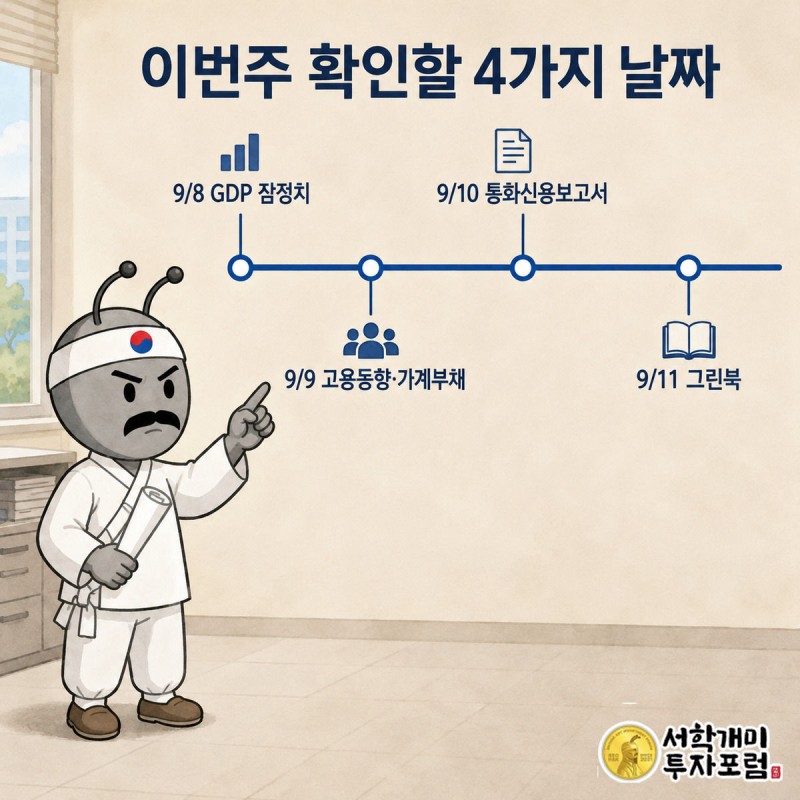 8일부터 11일까지 표시된 달력 앞에서 신중한 표정으로 날짜를 짚는 양반개미