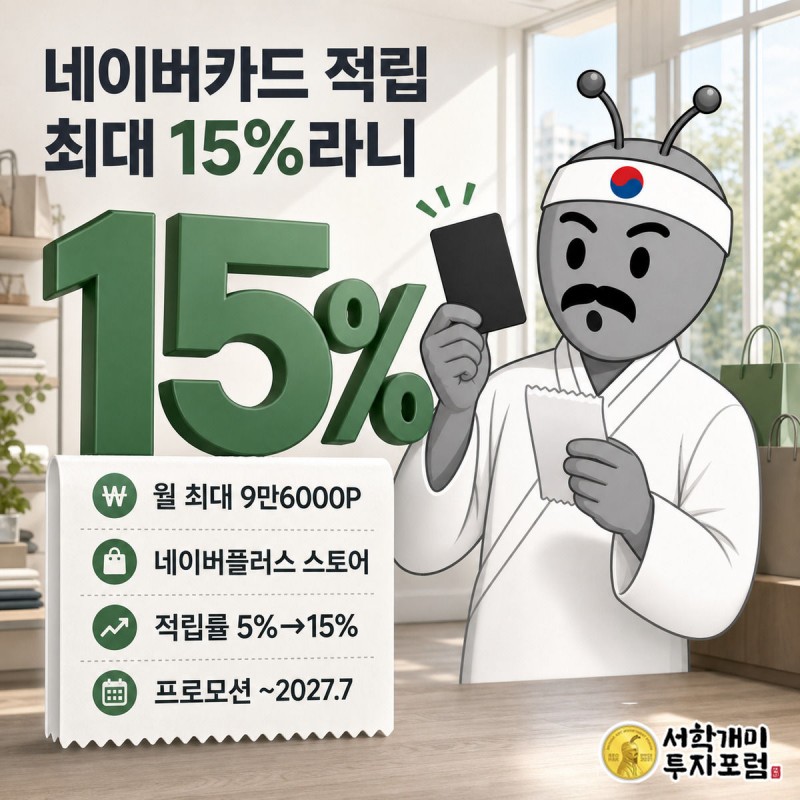 네이버 현대카드 결제 시 조건에 따라 적립률이 5%에서 15%까지 크게 갈리는 모습을 대각선 비교로 보여주는 그림