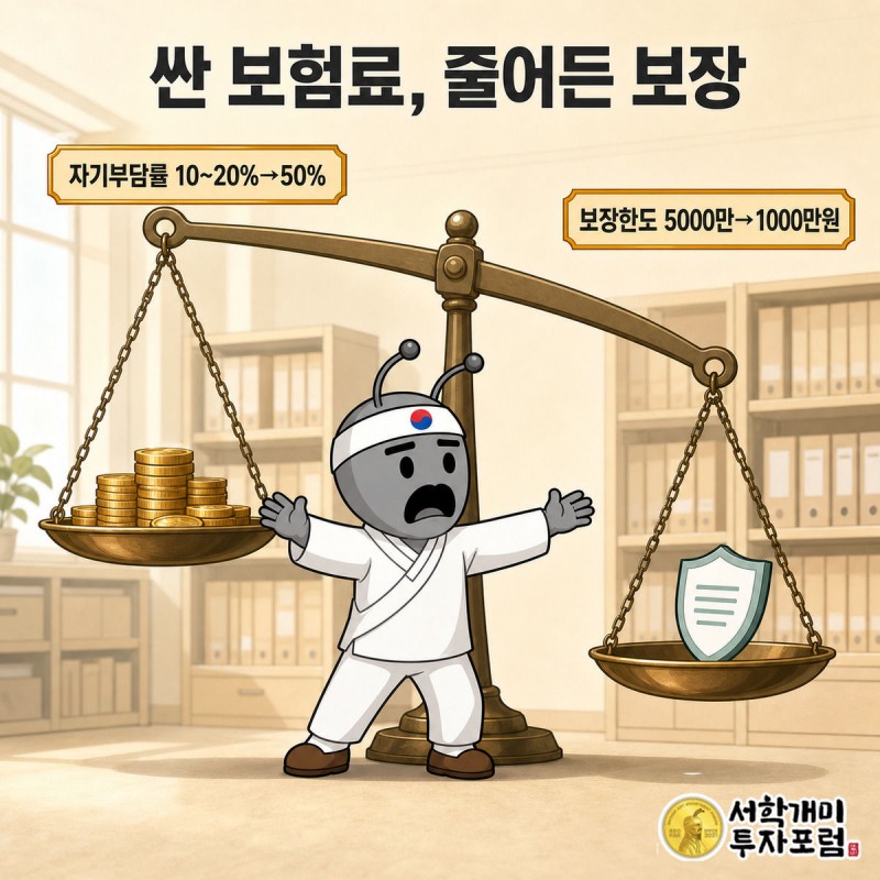 보험료 동전과 쪼그라든 보장 방패를 올린 저울이 보장 쪽으로 기우는 모습을 서민개미가 낭패한 표정으로 바라보는 이미지